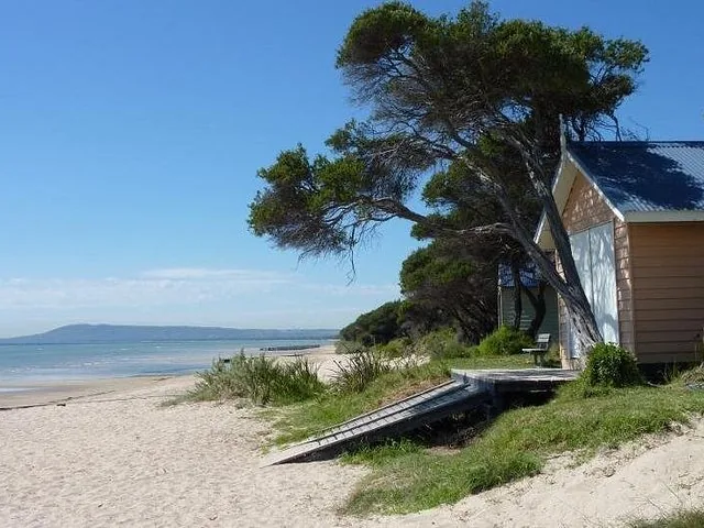 A sandy beach next to a building and trees with distant hills.