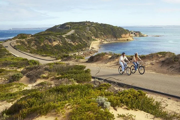 Two people cycling on a paved road overlooking a beautiful coastline.
